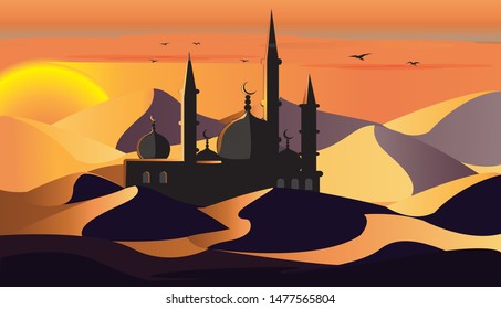 Mosque in the desert at sunset.Vector illustration