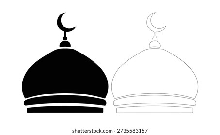 Mosque dome, crescent moon, black silhouette and outline, Islamic architecture