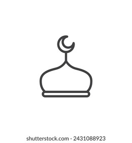 Cúpula de la mezquita con icono de la línea de luna creciente. signo de estilo lineal para concepto móvil y diseño web. Icono de vector de contorno de cúpula de mezquita. Símbolo, ilustración del logotipo. Gráficos vectoriales