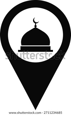 Mosque dome with crescent moon muslim pray icon in location pointer qibla direction sign. Islamic place worship symbol on transparent backdrop.