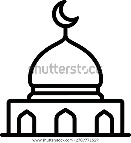 Mosque dome with a crescent moon symbol, created in a clean, simple line art style. This illustration is an icon for muslim pray icon, islamic worship, and cultural architecture