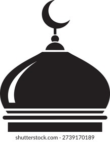 Mosque Dome with Crescent Moon Vector Icon: Minimalist Silhouette Symbol for Islamic Architecture, Masjid, Ramadan, and Religious Prayer Concepts.