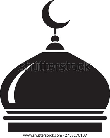 Mosque Dome with Crescent Moon Vector Icon: Minimalist Silhouette Symbol for Islamic Architecture, Masjid, Ramadan, and Religious Prayer Concepts.