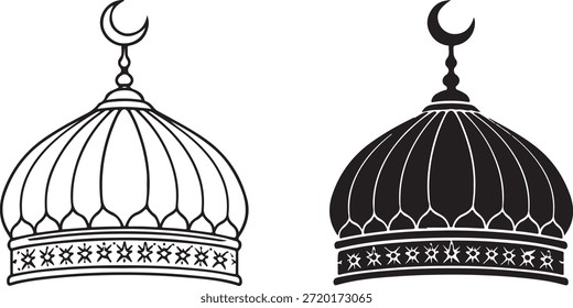 Ilustración de la cúpula de la mezquita con la luna creciente aislada en el fondo blanco, Vector, ilustración