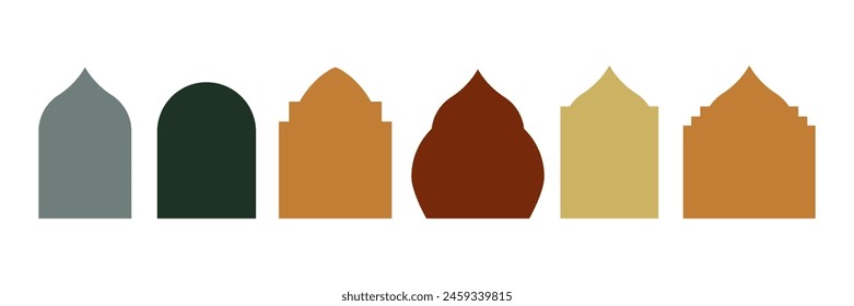 Mosque dome and lanterns set. Collection of oriental style Islamic ramadan kareem and eid mubarak windows and arches. Abstract vector illustration. White background