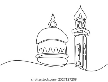 Mosque dome and minaret in one continuous line drawing. Iconic features representing Islamic architecture. Hand-drawn illustration for cultural heritage.