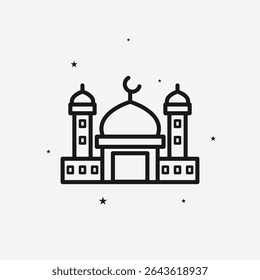 Mosque with Dome and Minarets, Featuring a Crescent Moon and Scattered Stars, Representing Islamic Worship or Architecture, White Outline Icon