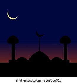 Mosque dome silhouette on dark blue twilight sky.