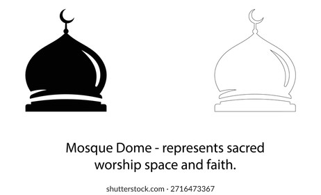 Cúpula de la mezquita que simboliza el espacio sagrado y la fe, presentada en negro sólido y contorno