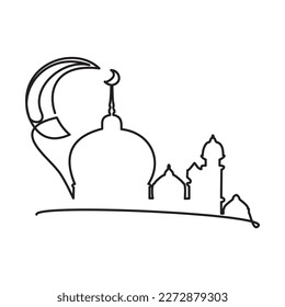 Mosque domina el icono de media luna. Tema de Ramadan Kareem mínimo un dibujo de línea continua sobre fondo blanco. Arte de una sola línea de la tarjeta de felicitación Eid Mubarak, afiche y diseño de pancartas. Ilustración vectorial.