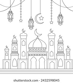 Mosque with domes and minaret coloring page 