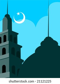  mosque with domes, stars and moon 	