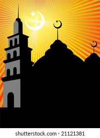  mosque with domes, stars and moon	