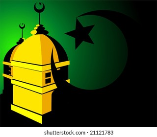 mosque with domes, stars and moon	