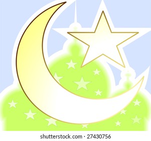 mosque with domes, stars and moon	