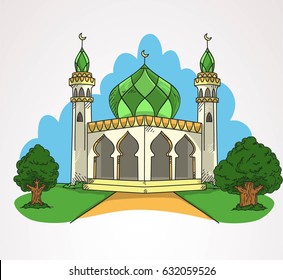 mosque doodle cartoon vector isolated