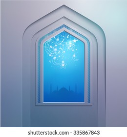 Mosque door with geometric arabic pattern for greeting festival background