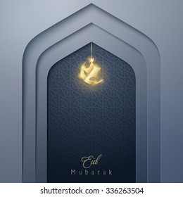 Mosque door with islamic crescent and star for greeting Eid Mubarak - Translation : Blessed festival