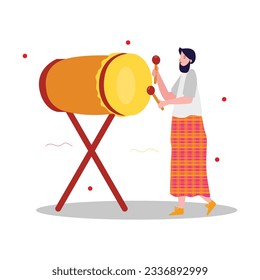 Mosque drum muslim religion culture instrument greeting invitation to prayer spiritual belief with beard man wearing clothes and sarong