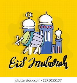 Mosque, eid mubarak, doodle vector