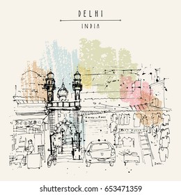 Mosque entrance. Old historic building in Main Bazar street, Paharganj, New Delhi, India. Hand drawn cityscape sketch. Travel art. Vintage artistic postcard template. Vector illustration