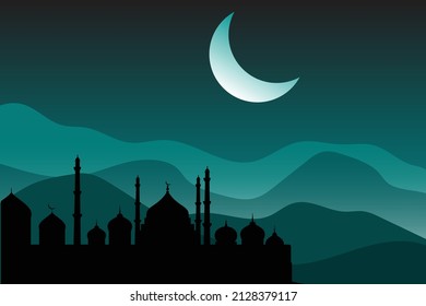 mosque fasting month background and template, mosque silhouette with color gradation, morning view vector, illustration happy fasting month