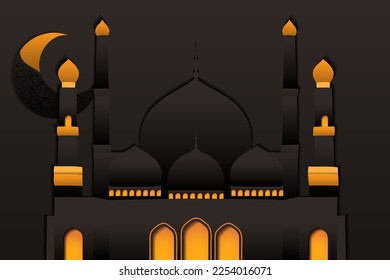 Mosque in flat design with floral crescent moon in brown background for ramadan kareem