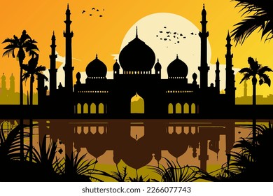 Moschee flaches Design ist ein minimalistischer Ansatz für die Moschee-Architektur, der Einfachheit, Klarheit und lebhafte Farben betont, um einen modernen Raum zu schaffen