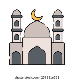 Mosque Flat design style, gray mosque with a crescent moon, representing Islamic places of worship, suitable for faith-based designs, cultural education, and travel guides.