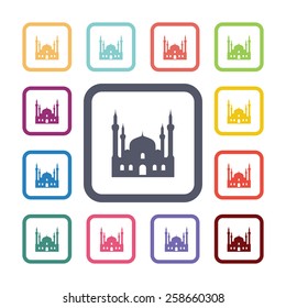 mosque flat icons set. Open colorful buttons 