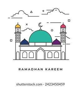 Diseño de la línea plana de la mezquita sobre fondo blanco. Ramadan kareem
