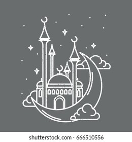 Mosque flat line illustration. Islam symbol. Flat line vector architecture illustration. Religion stroke icon. For poster, flyer, web, banner, header, hero image. Ramadan Kareem. Ramadan Mubarak.