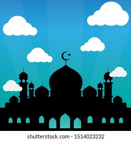 Mosque with flat style and black color and white cloud