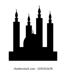 Mosque with four minarets, black icon isolated on white background. Muslim mosque, vector stock illustration.