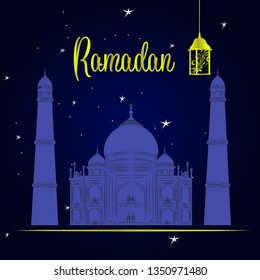 mosque in front of ramadan. at sunset with the stars. and the moon