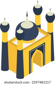 Mosque front view with cloud isometric Concept, Masjid Place of worship Vector Icon Design, Arab culture traditions Symbol, Islamic and Muslim fasting Sign, Ramadan and Eid al Fitr stock illustration