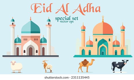 mosque with goat, sheep, camel and cow isolated on soft blue background to celebrate eid al adha islamic day. bold text eid al adha special set. vector eps