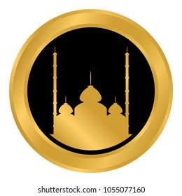 Mosque gold button, gold on black background. Vector illustration.
