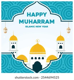 Mosque with a gold dome. Islamic New Year, 1 Muharram. Happy New Hijri Year concept. Flat vector illustration.