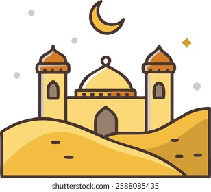 Mosque in golden desert with crescent moon, representing peace and devotion during Ramadan.