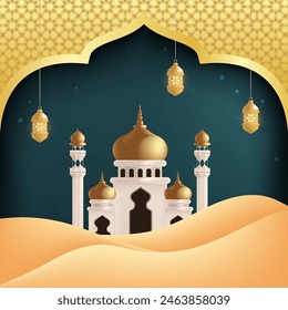 A mosque with a golden dome in the desert and Islamic patterns in the background