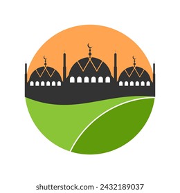 Mosque with green yard and sunset illustration vector