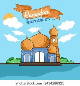 Mosque greeting Happy Ramadan and Eid kareem celebration banner vector illustration.