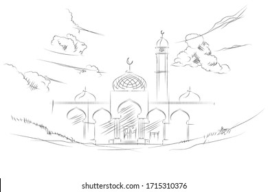 mosque hand drawing sketch style illustration. a mosque with minaret and dome