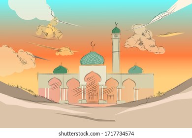 mosque hand drawing sketch style illustration. a mosque with minaret and dome