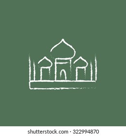Mosque hand drawn in chalk on a blackboard vector white icon isolated on a green background.