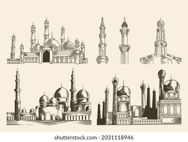 Mosque hand drawn set vintage style. Hand drawing mosque sketch drawing