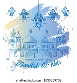 Mosque hand drawn sketch drawing  for Mawlid al Nabi greeting card. Translate: Prophet Muhammad's Birthday.