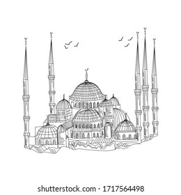 Mosque. Hand drawn sketch vector illustration on white background. Black and white
