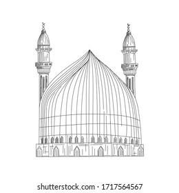 Mosque. Hand drawn sketch vector illustration on white background. Black and white